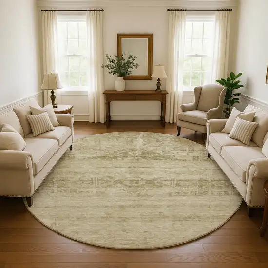 8' Beige And Taupe Oriental Washable Round Rug With UV Protection Photo 4