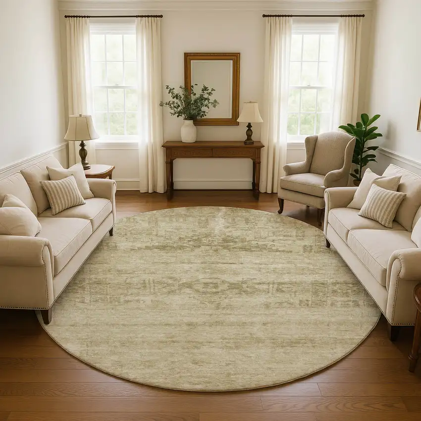 8' Beige And Taupe Oriental Washable Round Rug With UV Protection Photo 4