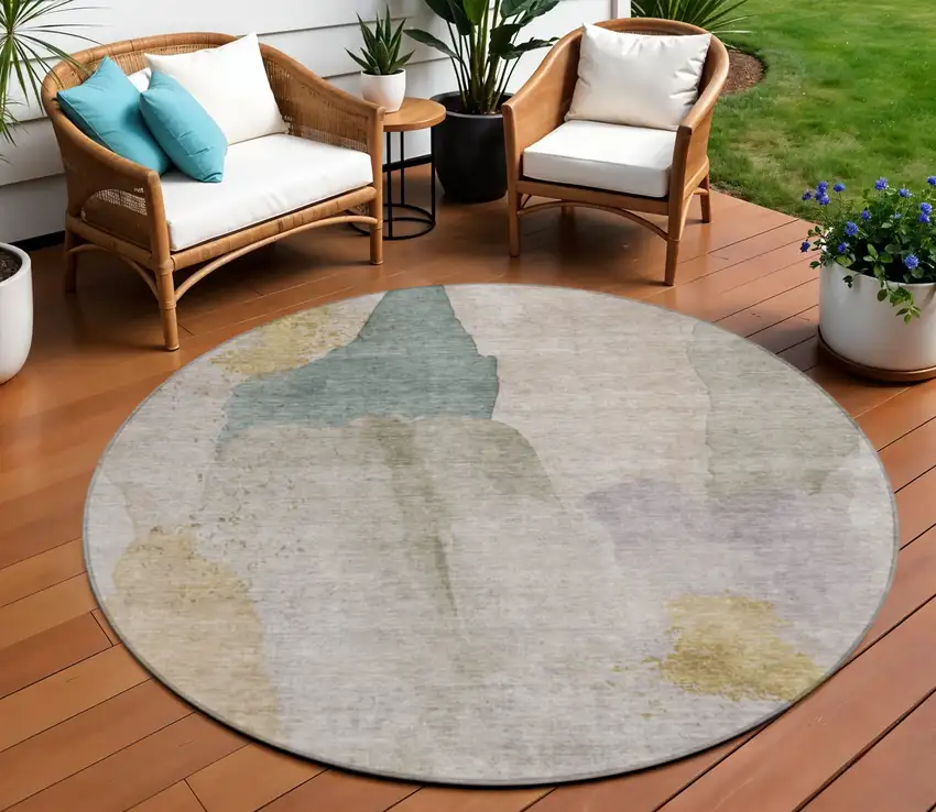 8' Beige And Taupe Round Abstract Washable Indoor Outdoor Area Rug Photo 2