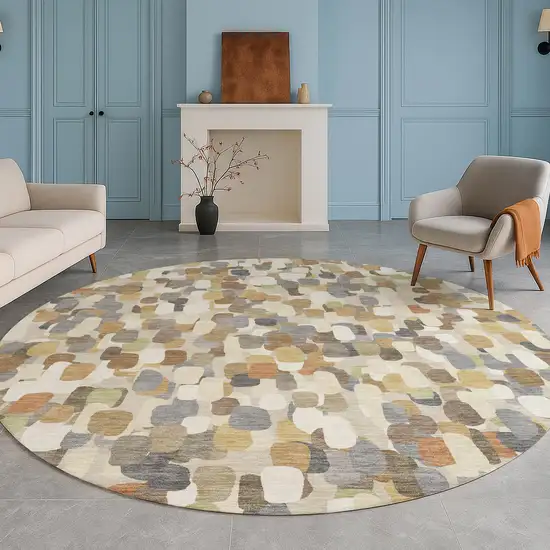 8' Beige And Taupe Round Abstract Washable Indoor Outdoor Area Rug Photo 5