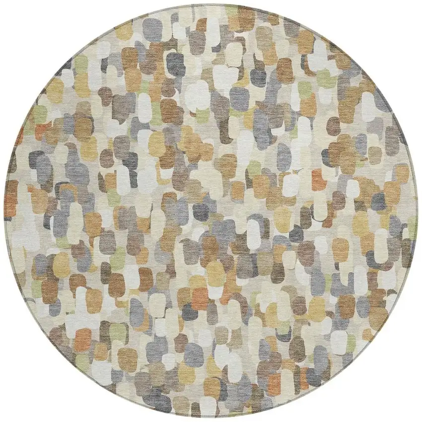 8' Beige And Taupe Round Abstract Washable Indoor Outdoor Area Rug Photo 3