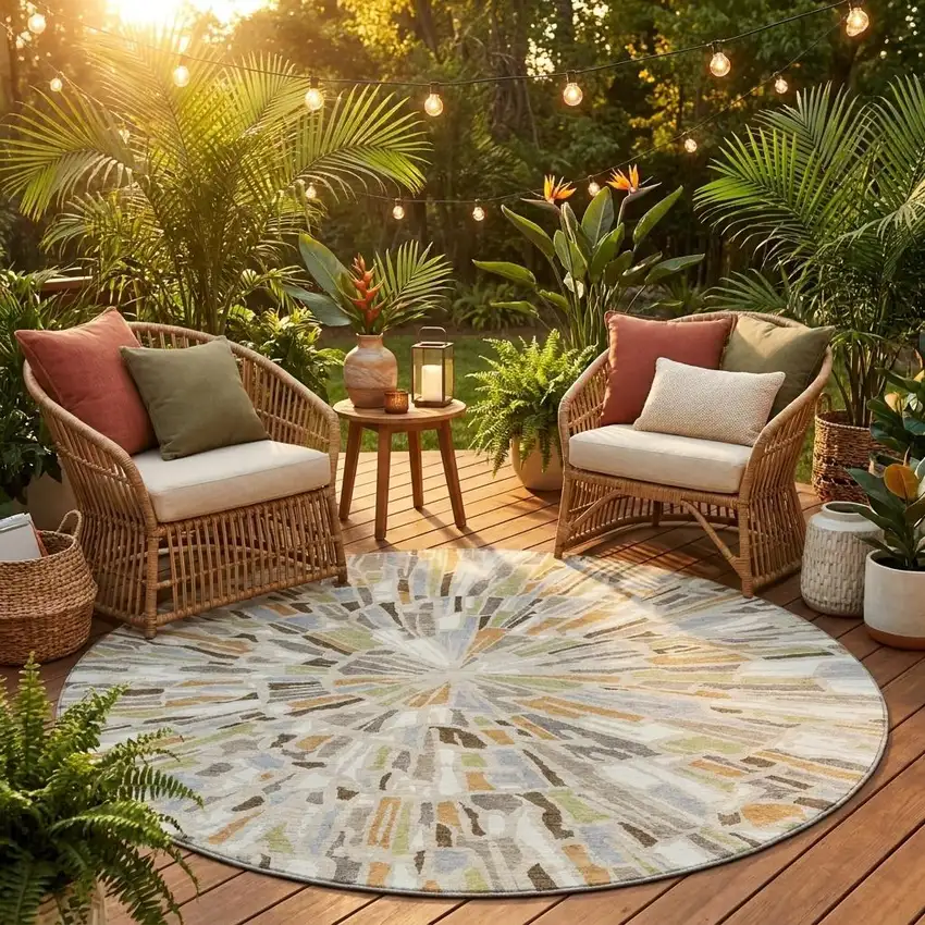 8' Beige And Taupe Round Abstract Washable Indoor Outdoor Area Rug Photo 1