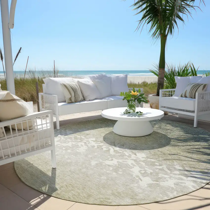 8' Beige And Taupe Round Damask Washable Indoor Outdoor Area Rug Photo 6