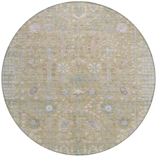 8' Beige And Taupe Round Floral Washable Indoor Outdoor Area Rug Photo 4