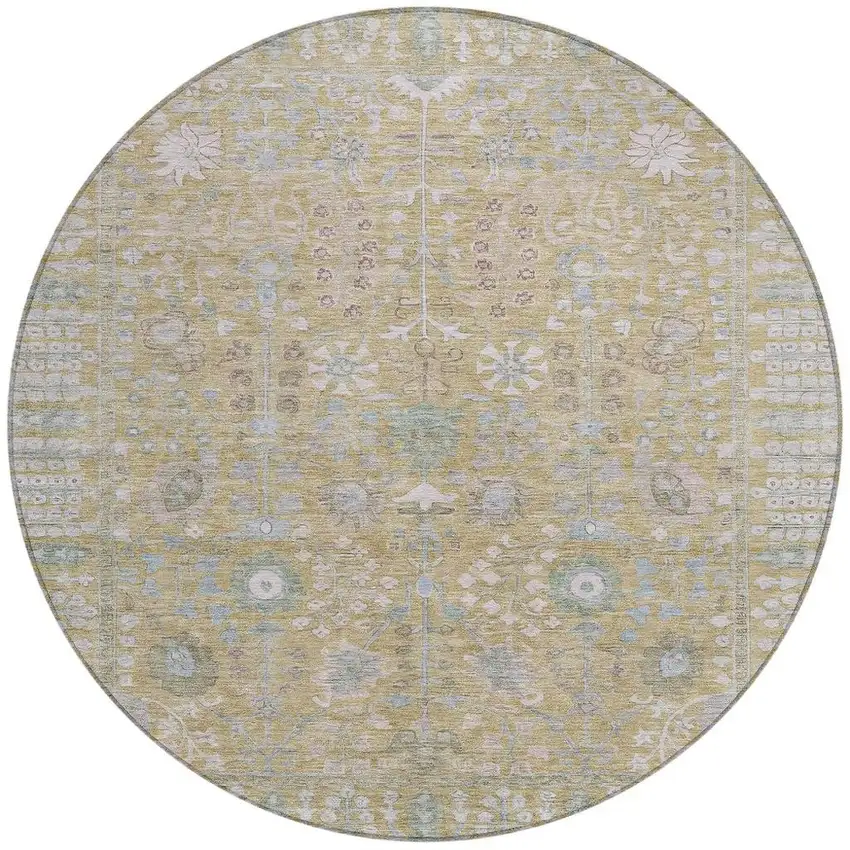 8' Beige And Taupe Round Floral Washable Indoor Outdoor Area Rug Photo 4
