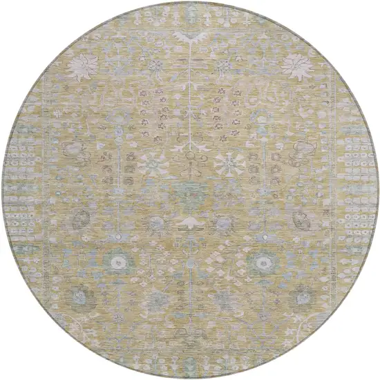 8' Beige And Taupe Round Floral Washable Indoor Outdoor Area Rug Photo 2