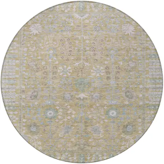 8' Beige And Taupe Round Floral Washable Indoor Outdoor Area Rug Photo 5