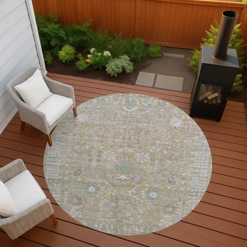 8' Beige And Taupe Round Floral Washable Indoor Outdoor Area Rug Photo 8