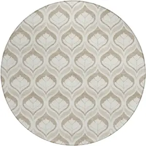 Photo of 8' Beige And Taupe Round Geometric Washable Indoor Outdoor Area Rug