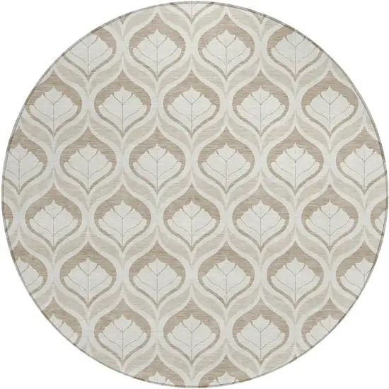 8' Beige And Taupe Round Geometric Washable Indoor Outdoor Area Rug Photo 1