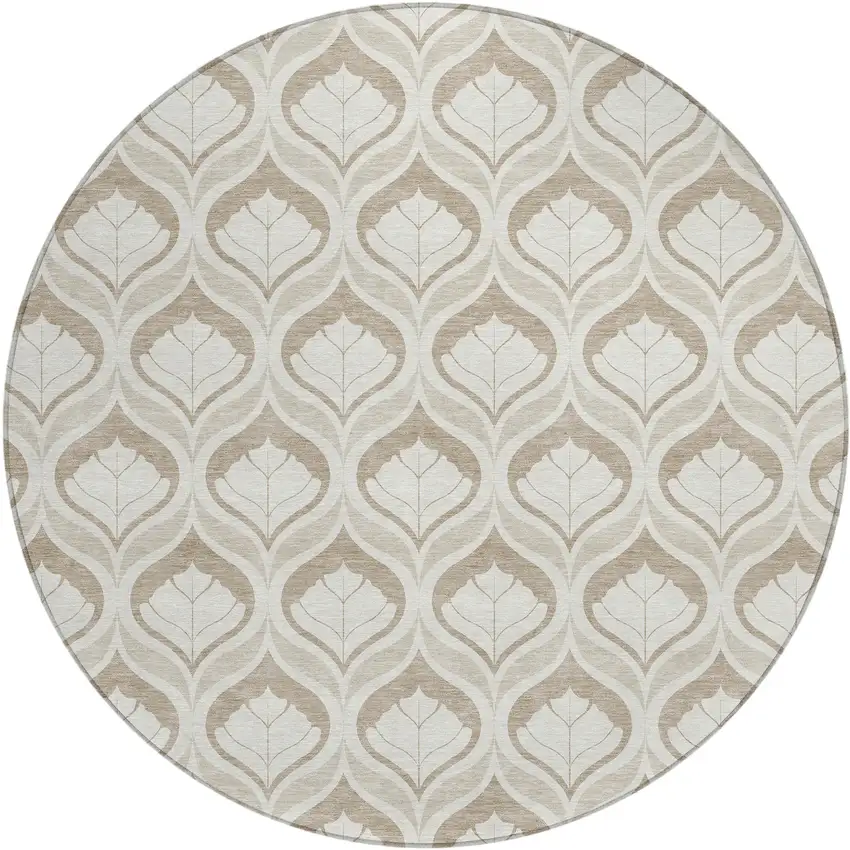 8' Beige And Taupe Round Geometric Washable Indoor Outdoor Area Rug Photo 1