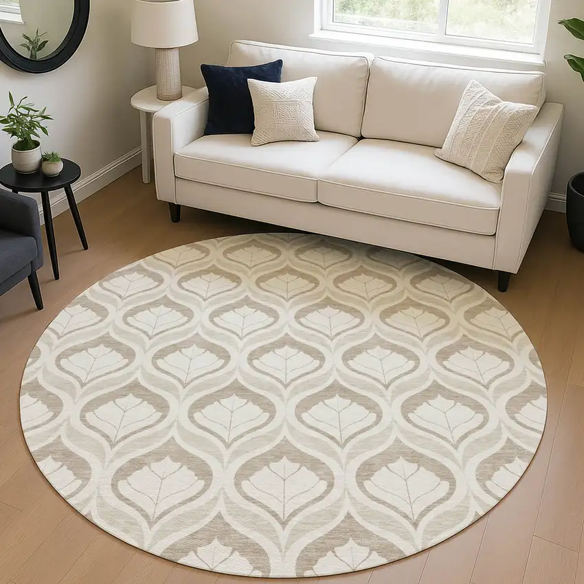 8' Beige And Taupe Round Geometric Washable Indoor Outdoor Area Rug Photo 5