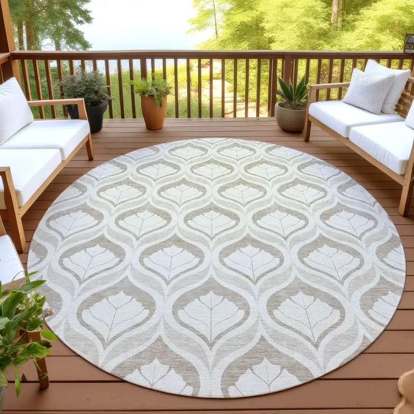 8' Beige And Taupe Round Geometric Washable Indoor Outdoor Area Rug Photo 4
