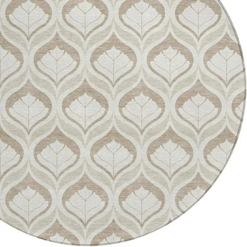 8' Beige And Taupe Round Geometric Washable Indoor Outdoor Area Rug Photo 2