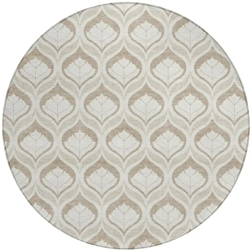 8' Beige And Taupe Round Geometric Washable Indoor Outdoor Area Rug Photo 3