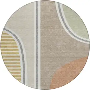 Photo of 8' Beige And Taupe Round Geometric Washable Indoor Outdoor Area Rug