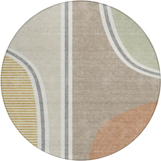 8' Beige And Taupe Round Geometric Washable Indoor Outdoor Area Rug Photo 1