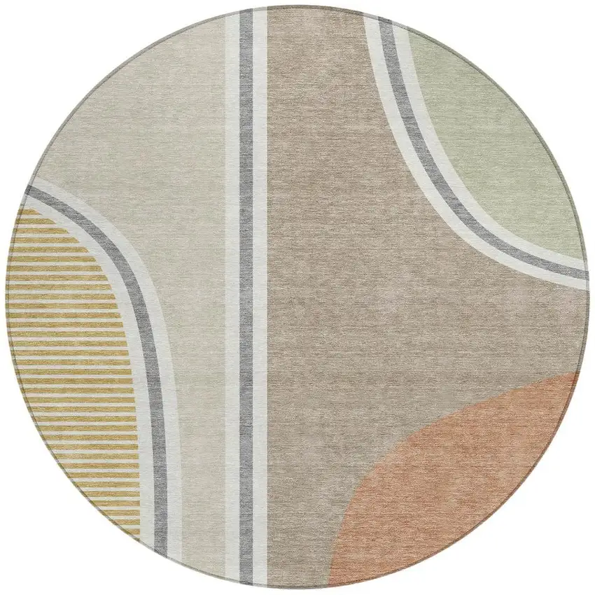8' Beige And Taupe Round Geometric Washable Indoor Outdoor Area Rug Photo 2