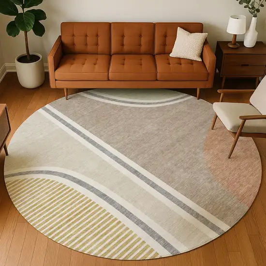 8' Beige And Taupe Round Geometric Washable Indoor Outdoor Area Rug Photo 5
