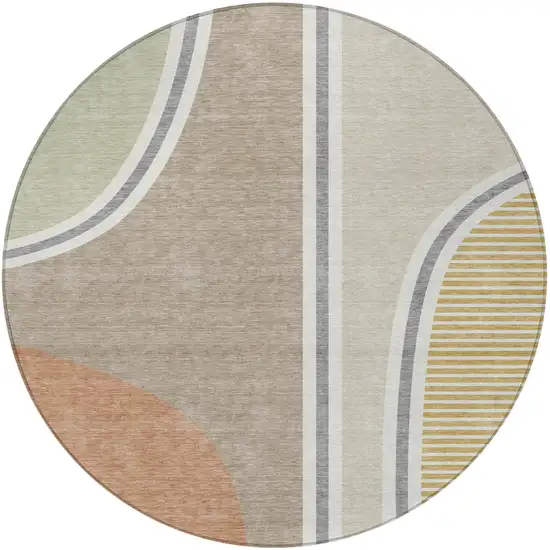 8' Beige And Taupe Round Geometric Washable Indoor Outdoor Area Rug Photo 3