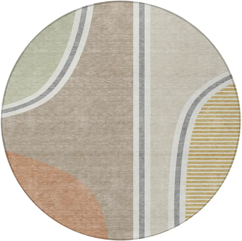 8' Beige And Taupe Round Geometric Washable Indoor Outdoor Area Rug Photo 3