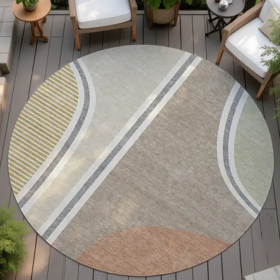 8' Beige And Taupe Round Geometric Washable Indoor Outdoor Area Rug Photo 4