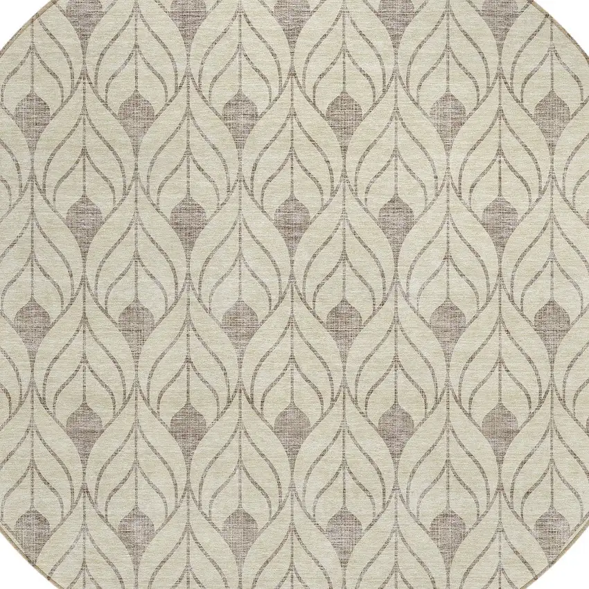 8' Beige And Taupe Round Geometric Washable Indoor Outdoor Area Rug Photo 4