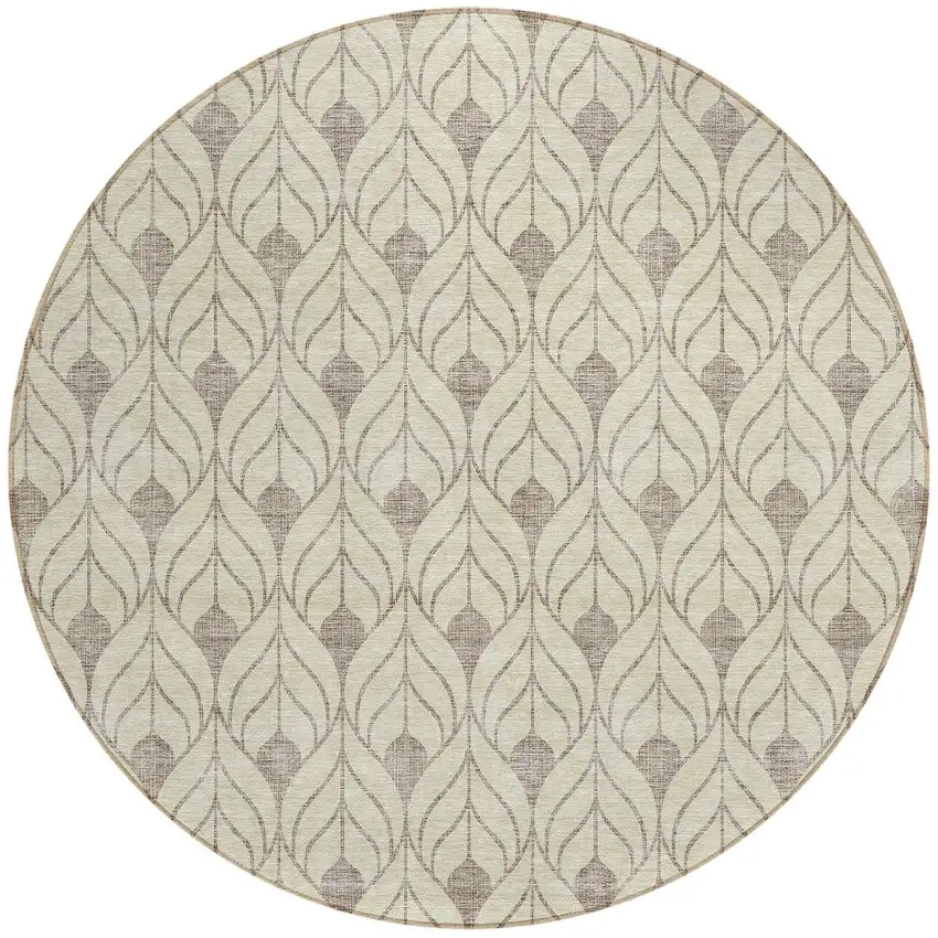 8' Beige And Taupe Round Geometric Washable Indoor Outdoor Area Rug Photo 5