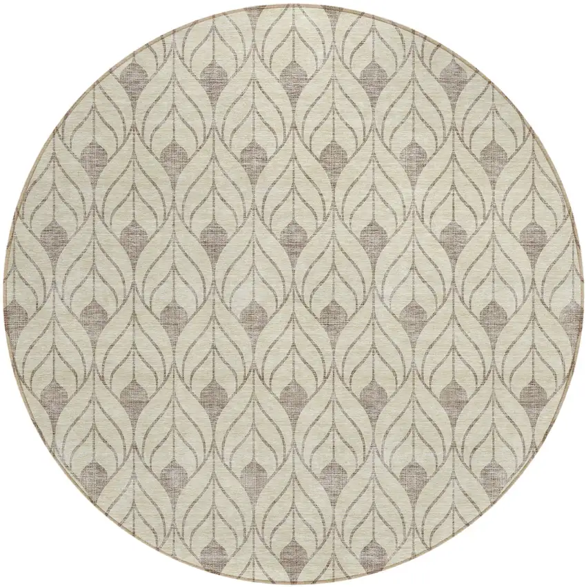 8' Beige And Taupe Round Geometric Washable Indoor Outdoor Area Rug Photo 2