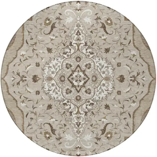 8' Beige And Taupe Round Medallion Washable Indoor Outdoor Area Rug Photo 4