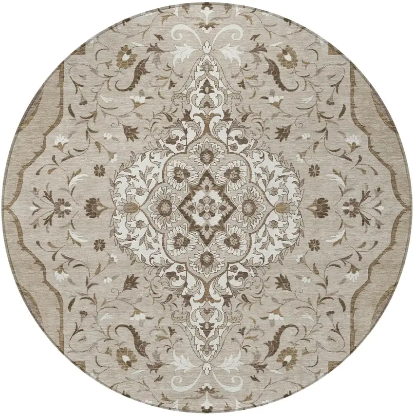 8' Beige And Taupe Round Medallion Washable Indoor Outdoor Area Rug Photo 4