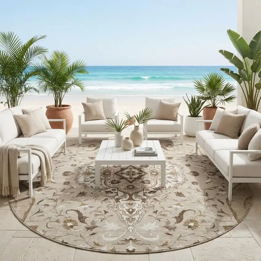 8' Beige And Taupe Round Medallion Washable Indoor Outdoor Area Rug Photo 1