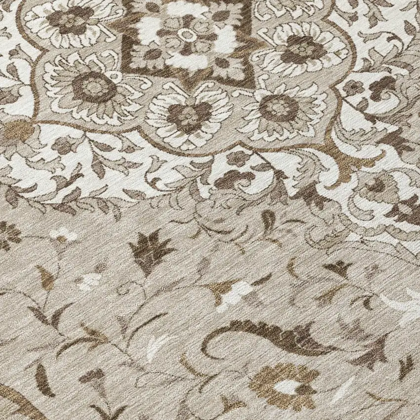 8' Beige And Taupe Round Medallion Washable Indoor Outdoor Area Rug Photo 6