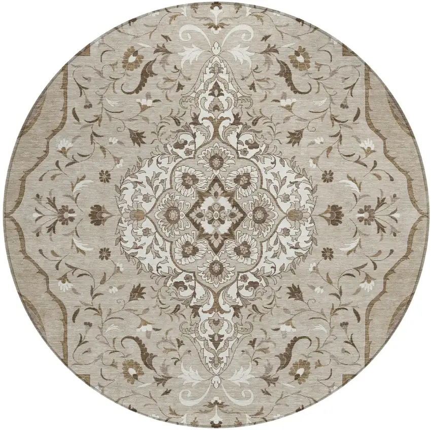 8' Beige And Taupe Round Medallion Washable Indoor Outdoor Area Rug Photo 2