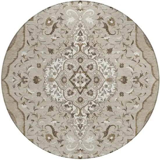 8' Beige And Taupe Round Medallion Washable Indoor Outdoor Area Rug Photo 2