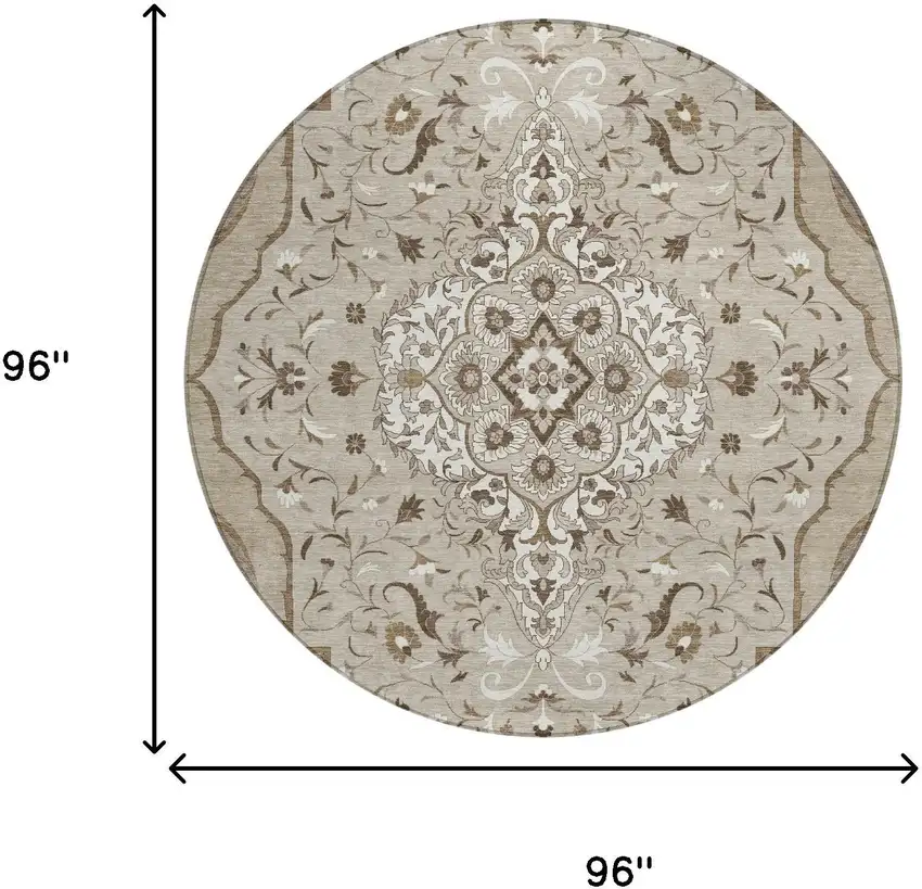 8' Beige And Taupe Round Medallion Washable Indoor Outdoor Area Rug Photo 7