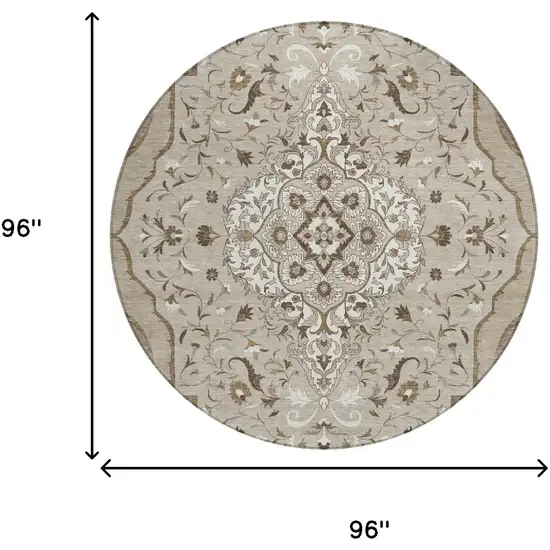 8' Beige And Taupe Round Medallion Washable Indoor Outdoor Area Rug Photo 7