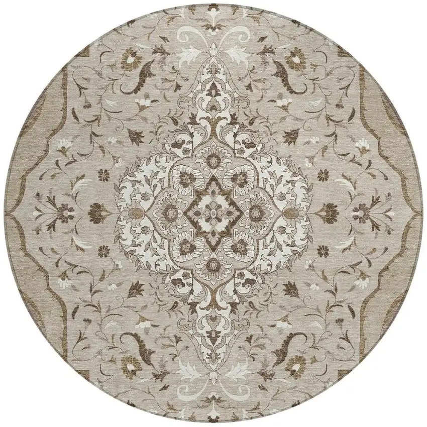 8' Beige And Taupe Round Medallion Washable Indoor Outdoor Area Rug Photo 3