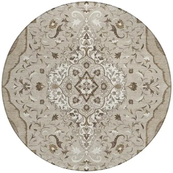 8' Beige And Taupe Round Medallion Washable Indoor Outdoor Area Rug Photo 3