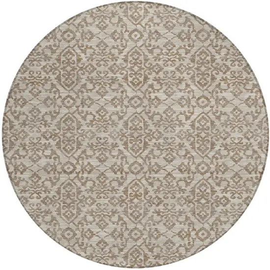 8' Beige And Taupe Round Oriental Washable Indoor Outdoor Area Rug Photo 2