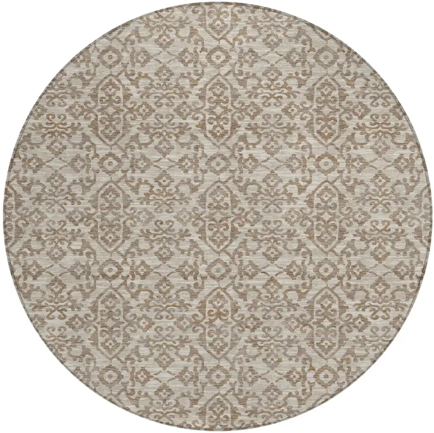 8' Beige And Taupe Round Oriental Washable Indoor Outdoor Area Rug Photo 2