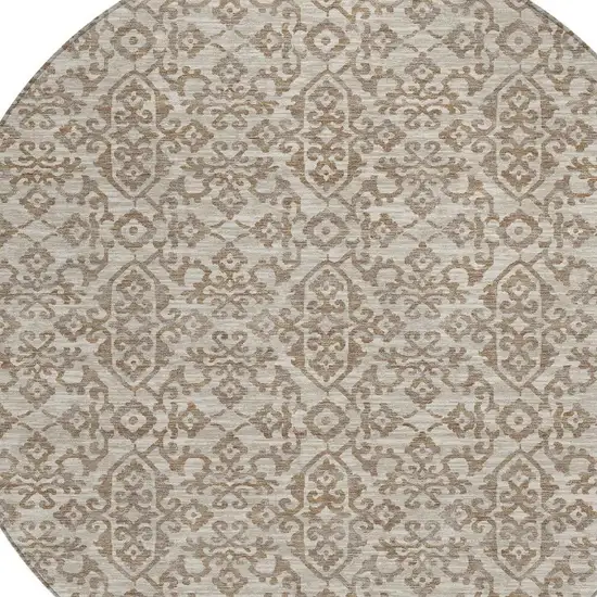 8' Beige And Taupe Round Oriental Washable Indoor Outdoor Area Rug Photo 3