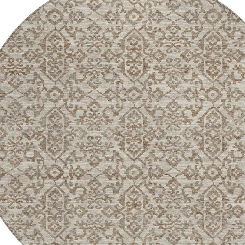 8' Beige And Taupe Round Oriental Washable Indoor Outdoor Area Rug Photo 3