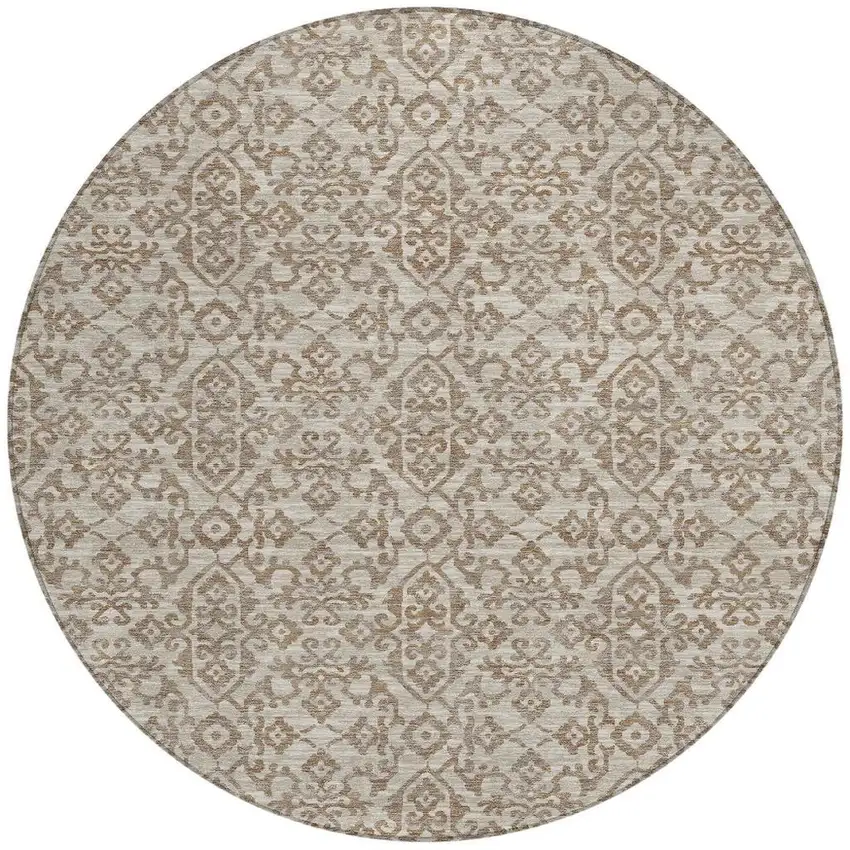 8' Beige And Taupe Round Oriental Washable Indoor Outdoor Area Rug Photo 4