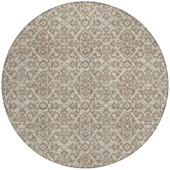 8' Beige And Taupe Round Oriental Washable Indoor Outdoor Area Rug Photo 4