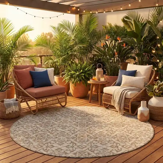 8' Beige And Taupe Round Oriental Washable Indoor Outdoor Area Rug Photo 1