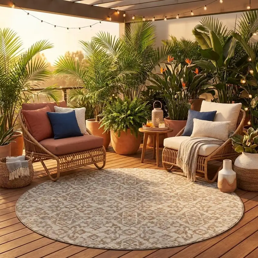 8' Beige And Taupe Round Oriental Washable Indoor Outdoor Area Rug Photo 1