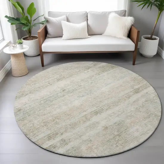 8' Beige And Taupe Round Striped Washable Indoor Outdoor Area Rug Photo 8