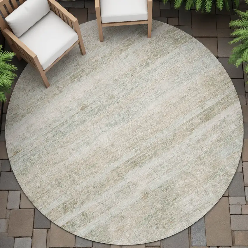 8' Beige And Taupe Round Striped Washable Indoor Outdoor Area Rug Photo 6