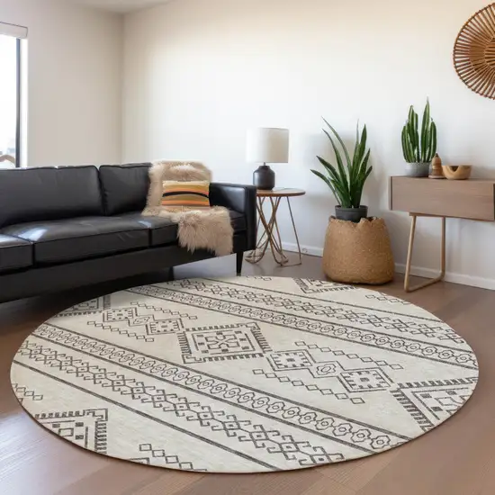 8' Beige And Taupe Southwestern Washable Round Rug With UV Protection Photo 5